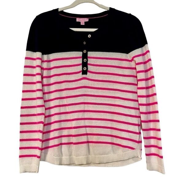 Lilly Pulitzer Long Sleeve Adair Sweater Pink White Stripe Blue Button Top Mediu - Picture 1 of 9